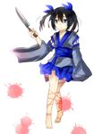  :&lt; bangs barefoot black_hair blood blood_splatter blue_eyes full_body hair_ornament holding houchou-san_no_uwasa knife sashimi_houchou-san sidelocks simple_background skirt solo white_background yuzukor 