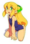 :o bad_id bad_pixiv_id barefoot blonde_hair blush_stickers dripping flat_chest green_eyes hair_ribbon leaning_forward long_hair looking_at_viewer metata one-piece_swimsuit open_mouth outline ponytail ribbon rockman rockman_(classic) roll school_swimsuit sidelocks simple_background sitting solo swimsuit wariza white_background 