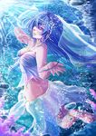  blue_hair breasts cleavage earrings jewelry long_hair medium_breasts original purple_eyes see-through solo wa-kun water 