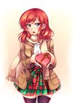  black_legwear blush box checkered checkered_skirt coat gift gift_box heart heart-shaped_box heart-shaped_pupils highres holding holding_box holding_gift long_sleeves looking_at_viewer love_live! love_live!_school_idol_project nishikino_maki open_mouth purple_eyes red_hair scarf short_hair signature skirt solo symbol-shaped_pupils thighhighs valentine windart 