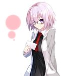  arm_behind_back black_shirt blush breasts eyes_visible_through_hair fate/grand_order fate_(series) glasses hair_over_one_eye holding holding_letter jacket large_breasts letter long_sleeves mash_kyrielight necktie open_clothes open_jacket pink_hair purple_eyes red_neckwear shirt short_hair simple_background smile solo tsuedzu 