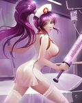  akali alternate_hair_color ass bangs bed blanket blush breasts brown_eyes closed_mouth cross_print curtains dress dual_wielding eyelashes fluorescent_lamp from_side garters hair_tie hat highres holding holding_sword holding_weapon hospital hospital_bed indoors intravenous_drip kaze_no_gyouja large_breasts league_of_legends legs_apart lens_flare long_hair looking_at_viewer nurse nurse_akali nurse_cap oversized_object pillow ponytail purple_hair red_lips screen screw short_dress short_sword side_ponytail sleeveless solo sword syringe thighhighs weapon white_dress white_legwear 