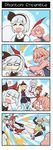  6+girls :d ^_^ anger_vein aqua_hair blonde_hair blood_sword brown_hair buruma closed_eyes comic commentary_request crossover ghost glasses hemokinesis highres holding kawakami_mai kicking konpaku_youmu konpaku_youmu_(ghost) kuriyama_mirai kyoukai_no_kanata long_hair lunasa_prismriver lyrica_prismriver merlin_prismriver multiple_girls musaigen_no_phantom_world o_o open_mouth school_uniform serafuku short_hair side_ponytail silent_comic silver_hair smile sweatdrop touhou xin_yu_hua_yin 