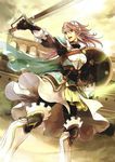  armor armored_boots boots cape fire_emblem fire_emblem_cipher fire_emblem_if gloves hairband highres long_hair official_art open_mouth pauldrons pink_hair red_eyes shield soleil_(fire_emblem_if) solo sword wada_sachiko weapon 