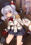  admiral_(kantai_collection) beret blue_eyes blush box buttons commentary_request epaulettes frilled_sleeves frills from_above gift gift_box gloves hat heart-shaped_box holding_hands kantai_collection kashima_(kantai_collection) kerchief long_hair looking_at_viewer military military_uniform miniskirt multiple_girls pleated_skirt red_ribbon ribbon sidelocks silver_hair sitting skirt smile solo_focus tsurime twintails uniform valentine wariza wavy_hair white_gloves yaguo 