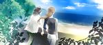  bad_id bad_pixiv_id beach bird brown_hair cloud day finger_marks from_behind horizon long_hair low-tied_long_hair makabe_kazuki minashiro_soushi multiple_boys ocean outdoors pants plant seagull short_hair short_sleeves shukufuku_(plus_hue) sky soukyuu_no_fafner 