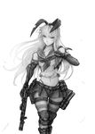  ammunition_pouch animal_ears bangs boots breasts bunny_ears clenched_hand collarbone commentary elbow_gloves fake_animal_ears fingerless_gloves gloves greyscale gun h&amp;k_mp5 handgun heckler_&amp;_koch holding holding_gun holding_weapon holster imizu_(nitro_unknown) kantai_collection knee_boots knee_pads long_hair magazine_(weapon) midriff miniskirt monochrome neckerchief pistol pouch sailor_collar sailor_shirt shimakaze_(kantai_collection) shirt skirt sleeveless small_breasts solo submachine_gun thigh_gap thighhighs thumb torpedo weapon 