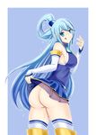  :q absurdres aqua_(konosuba) ass aster_crowley bare_shoulders blue_eyes blue_hair boots breasts commentary detached_sleeves grin hair_ornament highres kono_subarashii_sekai_ni_shukufuku_wo! large_breasts long_hair looking_at_viewer no_panties simple_background skirt skirt_lift smile solo thigh_boots thighhighs tongue tongue_out zettai_ryouiki 