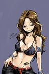  1girl breasts cana_alberona character_name cleavage fairy_tail large_breasts long_hair mashima_hiro midriff official_art simple_background smile solo tattoo 