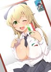  ;d anchovy anzio_school_uniform bangs belt black_hat black_neckwear blonde_hair blurry breasts carpaccio cellphone clearite collared_shirt covered_nipples depth_of_field dress_shirt dutch_angle eyelashes girls_und_panzer green_eyes hair_between_eyes hat holding holding_phone italian_flag large_breasts lens_flare lifted_by_self long_hair long_sleeves looking_at_viewer necktie one_eye_closed open_clothes open_mouth open_shirt pantyhose pepperoni_(girls_und_panzer) phone photo_(object) pleated_skirt school_uniform self_shot shirt shirt_lift short_necktie sitting skirt smile solo striped taking_picture tongue upper_body white_legwear white_shirt 