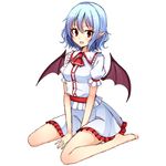  :d ascot bare_legs barefoot bat_wings belt between_legs blue_hair blush buttons collar frilled_shirt_collar frills full_body hand_between_legs jacket junior27016 open_mouth pointy_ears puffy_short_sleeves puffy_sleeves red_eyes remilia_scarlet short_hair short_sleeves simple_background sitting skirt smile solo touhou tsurime v_arms vampire wariza white_background white_jacket white_skirt wings 