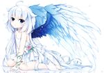  bad_id bad_pixiv_id barefoot blue_eyes choker commentary_request dress flower full_body highres original shiro_yurine simple_background solo thorns white_background white_dress white_hair wings yuu_(shiro_yurine) 