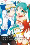  2girls aqua_eyes aqua_hair bad_id bad_pixiv_id blue_hair bunny character_name choker elbow_gloves gloves goggles goggles_on_head goodsmile_company goodsmile_racing grin hat hatsune_miku headphones iruyu long_hair multiple_girls one_eye_closed open_mouth outstretched_arm pantyhose race_queen racing_miku racing_miku_(2016) scarf skirt smile thighhighs twintails v very_long_hair vocaloid white_background yuki_miku yukine_(vocaloid) 