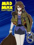  ashigara_(kantai_collection) atee_(ate_robo521) blood blood_on_face brown_eyes brown_hair clenched_teeth elbow_gloves explosive gloves hairband jacket kantai_collection mad_max mad_max:_fury_road magazine_(weapon) miniskirt pantyhose shoulder_pads skirt solo steering_wheel teeth 