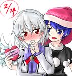  blue_eyes blue_hair blush box dated doremy_sweet dress ear_blush eye_contact february gift hand_to_own_mouth happy_valentine hat heart heart-shaped_box kishin_sagume looking_at_another multiple_girls nightcap nose_blush oshiaki pom_pom_(clothes) red_eyes short_hair silver_hair simple_background single_wing smile touhou valentine wavy_mouth white_background wings yuri 
