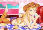  :p absurdres akatsuki_suzumi arm_support bare_shoulders barefoot belt blonde_hair blue_eyes cake collarbone cowboy_hat doughnut food gelatin hat highres ice_cream_cone leg_up long_hair lying on_stomach pudding short_shorts shorts smile solo the_pose tongue tongue_out 