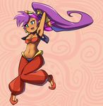  absurdres arms_up bandeau blue_eyes breasts cleavage commentary dark_skin earrings fang full_body hair_ornament harem_pants headband high_ponytail highres jewelry long_hair medium_breasts midriff navel okamaka open_mouth pants pointy_ears pointy_shoes purple_hair see-through shantae_(character) shantae_(series) shoes smile solo vest wrist_cuffs 