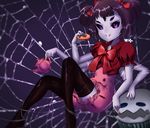  bada_(jksh5056) bangs black_legwear black_sclera blunt_bangs bow bowtie buttons doughnut dress eyebrows fang fang_out floating flower food glowing grey_skin hair_bow holding holding_food insect_girl looking_at_viewer monster_girl muffet muffet's_pet multiple_arms pink_eyes plant puffy_short_sleeves puffy_sleeves purple_background purple_hair purple_skin red_bow red_dress red_neckwear short_hair short_sleeves silk simple_background smile smiley_face solo spider_web sweets teapot thick_eyebrows thighhighs tooth two_side_up undertale wavy_mouth zettai_ryouiki 