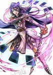  armor armored_boots boots breastplate gauntlets granblue_fantasy holding holding_sword holding_weapon long_hair open_mouth purple_hair rosamia_(granblue_fantasy) shoulder_armor signature solo spaulders sword wa-kun weapon 