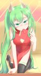  bare_shoulders blush china_dress chinese_clothes crota destiny_(game) dress envelope green_eyes green_hair kuroda_kuwa mouth_hold solo thighhighs twintails 