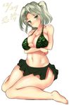  1girl bare_shoulders bikini blush breast_hold breasts cleavage curvy green_eyes green_hair imu_(senran_kagura) large_breasts looking_at_viewer navel senran_kagura sitting solo swimsuit wide_hips 