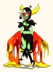  2018 alien armor breasts cleavage clothed clothing eyeshadow female flowerimh freckles green_skin hair helmet hi_res horn humanoid lava legwear looking_at_viewer lord_dominator makeup midriff navel not_furry open_mouth pink_sclera shoulder_pads simple_background socks standing surprise torn_clothing wander_over_yonder wardrobe_malfunction white_background white_hair 