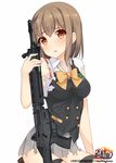  assault_rifle bipod blush bow brown_eyes brown_hair gun hair_ornament hairclip hiiragi_hajime holding holding_gun holding_weapon howa_type_89 logo looking_at_viewer muzzle_brake original parted_lips rifle school_uniform serafuku shirt short_hair simple_background skirt solo torn_clothes torn_skirt uniform weapon white_background 