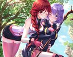  2girls blush braids breasts cape cleavage cropped elbow_gloves gloves hai_to_gensou_no_grimgar leaves long_hair ponytail purple_eyes purple_hair red_eyes red_hair shihoru_(grimgar) short_hair staff swordsouls thighhighs tree wink yume_(grimgar) zettai_ryouiki 