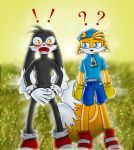  ! 2_tails ? anthro bangs baseball_cap black_fur blue_eyes blush canine cat cheek_tuft clothed clothes_swap clothing confusion covering covering_crotch cute_fangs duo feline footwear fox fully_clothed fur gloves hat hoodie hybrid klonoa klonoa_(series) lagomorph legwear long_ears looking_at_viewer looking_away lord-kiyo male mammal miles_prower mostly_nude multi_tail navel open_mouth orange_fur outside rabbit shoes shorts socks sonic_(series) surprise tuft white_fur wide_eyed yellow_eyes 