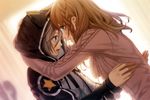  amnesia aqua_eyes brown_hair gray_hair hanamura_mai heroine_(amnesia) hoodie hug male orion_(amnesia) photoshop scan tears 