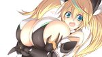  blonde_hair blue_eyes breasts cleavage deep_skin gene_(pso2) green_eyes huge_breasts long_hair looking_at_viewer phantasy_star phantasy_star_online_2 sideboob simple_background smile solo sukage surprised twintails wavy_mouth white_background 