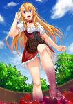  :d antenna_hair apron bangs barefoot black_apron blonde_hair blouse blue_eyes blue_panties blue_sky blush bodice choker clenched_hands cloud collarbone day dirndl dirty_feet dress european_clothes feet fingernails food from_below fruit german_clothes grape_stomping grapes hair_between_eyes highres laces legs long_hair looking_at_viewer moe2016 open_mouth original outdoors panties ribbon-trimmed_sleeves ribbon_choker ribbon_trim shigatsu_itsuka short_sleeves sky smile solo stomping toenails toes tongue underbust underwear upskirt waist_apron white_blouse 
