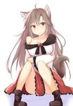  ahoge animal_ears bare_legs boots breasts brown_hair imaizumi_kagerou knees long_hair looking_at_viewer medium_breasts off_shoulder red_eyes sangatsu_saki solo squatting tail touhou wolf_ears wolf_tail 
