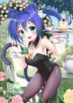  animal_ears aqua_eyes bare_shoulders between_breasts bird blue_hair blush breasts cake cat_ears cat_tail chair cleavage coffee cup detached_collar flower food highres kittysuit leotard long_hair medium_breasts moe2016 original pantyhose side_ponytail smile solo table tail tray usiedo_akatuki wrist_cuffs 