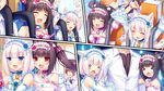  2girls animal_ears black_hair blue_eyes blush cat_smile catgirl chocola_(sayori) game_cg headdress lolita_fashion long_hair male minazuki_kashou nekopara orange_eyes sayori twintails vanilla_(sayori) white_hair wristwear 