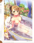  2013 :o absurdres bangs bathing bathtub blush breasts brown_eyes brown_hair bush claw_foot_bathtub copyright_name curtains from_above highres ichinose_hotori indoors kantoku knees_together long_hair looking_at_viewer medium_breasts navel nipples nose_blush nude page_number parted_lips partially_submerged petals ponytail scan single_hair_intake solo swept_bangs tile_floor tiles water wet window your_diary 