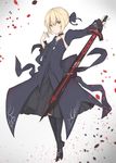 absurdres artoria_pendragon_(all) black_legwear blonde_hair bow braid dark_excalibur dark_persona detached_sleeves dress emushake excalibur fate/grand_order fate/stay_night fate_(series) french_braid frilled_sleeves frills hair_bow highres saber_alter solo sword weapon white_background yellow_eyes 
