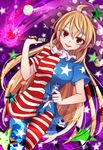  american_flag_dress american_flag_legwear bangs blonde_hair clownpiece cowboy_shot dress dress_lift fire frilled_shirt_collar frills hair_between_eyes hat highres jester_cap lifted_by_self long_hair looking_at_viewer neck_ruff pantyhose polka_dot red_eyes shirt short_sleeves solo standing star striped striped_dress striped_legwear tongue tongue_out torch touhou very_long_hair yayoi_sekai 