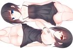  aliasing ass black_hair blue_eyes dress haegiwa original panties panty_pull red_eyes short_hair tattoo twins underwear 