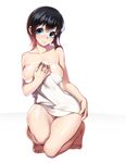  aqua_eyes bare_legs barefoot black_hair blush breast_hold breast_squeeze breasts cleavage collarbone full_body hand_on_own_chest head_tilt highres kneeling knees_together_feet_apart large_breasts naked_towel open_mouth original rheez shiny shiny_skin short_hair simple_background solo tareme teeth toes towel white_background white_towel 
