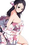  bare_shoulders black_eyes black_hair blush bow breasts hair_bow highres large_breasts long_hair looking_to_the_side matsunaga_kouyou original sideboob simple_background smile solo undressing white_background 