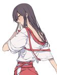  akagi_(kantai_collection) brown_hair hatyo japanese_clothes kantai_collection long_hair looking_at_viewer off_shoulder parted_lips solo sweat undressing yellow_eyes 