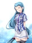  arms_behind_back blue_hair closed_eyes commentary_request employee_uniform kantai_collection lawson long_hair open_mouth samidare_(kantai_collection) skirt solo sora_(sky_s04) thighhighs uniform 