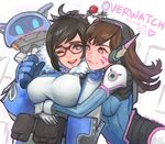  :3 beads bodysuit breasts d.va_(overwatch) facial_mark fur_trim glasses gloves hair_bun hair_ornament hair_stick heart heart-shaped_pupils hug hug_from_behind large_breasts mei_(overwatch) multiple_girls one_eye_closed overwatch rowen_montera smile symbol-shaped_pupils whisker_markings winter_clothes 