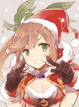  &gt;:) black_gloves blush breasts christmas clarisse_(granblue_fantasy) cleavage fur_trim gloves granblue_fantasy green_eyes grin hat leaf light_brown_hair long_hair looking_at_viewer medium_breasts nozomu144 ponytail santa_hat smile snow solo sparkle upper_body v-shaped_eyebrows 
