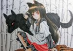  animal animal_ears bamboo bamboo_forest beluo77 brooch brown_hair dress forest imaizumi_kagerou jewelry long_hair long_sleeves looking_at_viewer marker_(medium) nature red_eyes tail touhou traditional_media wide_sleeves wolf wolf_ears wolf_tail 