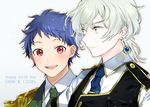  blue_hair blue_neckwear blush character_name commentary_request earrings engrish epaulettes green_neckwear happy_birthday ichijou_shin jewelry king_of_prism_by_prettyrhythm kisaragi_louis looking_at_viewer male_focus multiple_boys necktie ogino_atsuki open_mouth pretty_rhythm ranguage red_eyes upper_body 