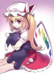  ainy77 bad_id bad_pixiv_id blonde_hair bow crying crying_with_eyes_open crystal flandre_scarlet gradient gradient_background hat hat_bow hug looking_at_viewer mob_cap puffy_sleeves red_eyes shirt short_sleeves side_ponytail sitting skirt skirt_set solo stuffed_animal stuffed_bunny stuffed_toy tears touhou vest wings 