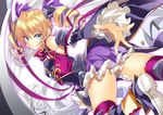  &gt;:) bare_shoulders blonde_hair blue_eyes commentary_request detached_sleeves dress drill_hair gintarou_(kurousagi108) grin hair_ornament hair_ribbon koihime_musou long_sleeves looking_at_viewer purple_dress purple_ribbon ribbon shin_koihime_musou smile solo sousou tsurime v-shaped_eyebrows 
