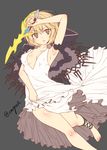  ankle_lace-up arm_up armpits assassin_(granblue_fantasy) bangs bare_legs barefoot blonde_hair breasts brown_eyes cleavage cross-laced_footwear dagger djeeta_(granblue_fantasy) dress dress_lift granblue_fantasy grey_background holding holding_weapon hood hood_down lips medium_breasts short_hair simple_background solo twitter_username weapon white_dress yua_(checkmate) 